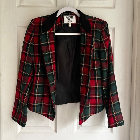 Kasper Plaid Blazer Jacket Red Green Black Velvet Collar Women's 2P Holiday - Picture 1 of 5
